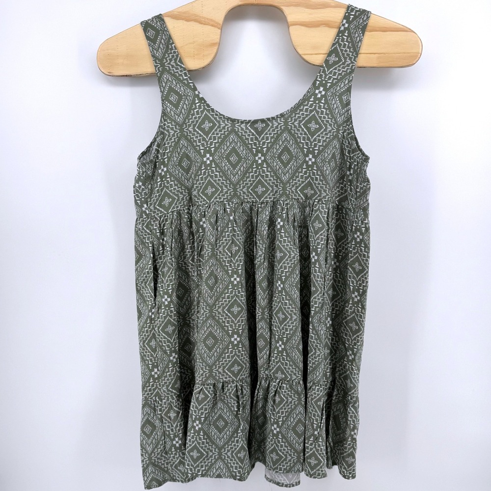 Torrid Babydoll Dress Size 0 Olive Green Geometric Print Tiered Pocket Tank - Picture 3 of 9
